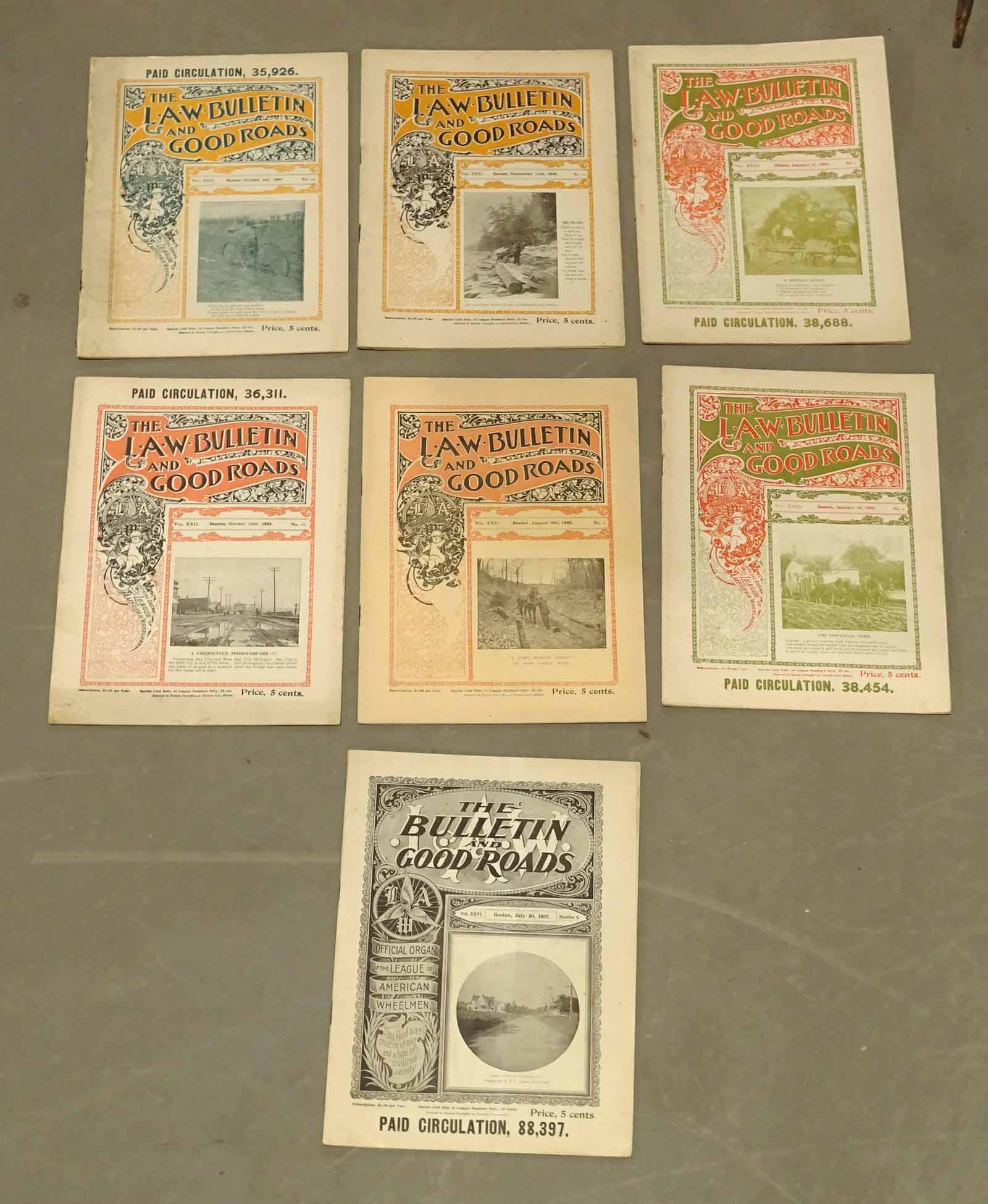 (7) "THE L.A.W. BULLETIN AND GOOD ROADS": Lot (7) "THE L.A.W. BULLETIN AND GOOD ROADS". 1895, 96, 97. Fair condition. Ex: Jim Carpenter Collection.