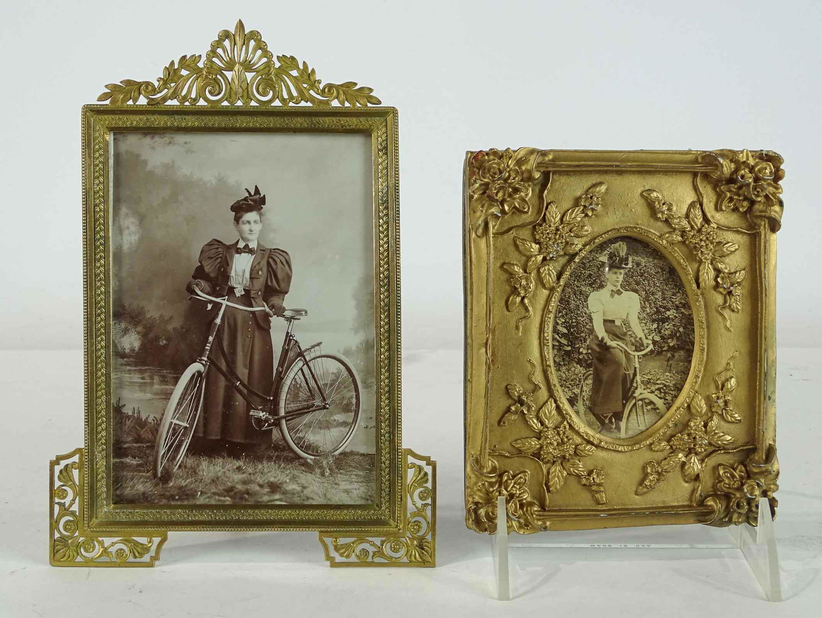 Bicycle Photographs: Photographs, 2 Lady cycling images in Victorian antique picture frames; 1st is cast bronze Art Nouveau frame with Lady and safety. She is perfectly attired for cycling with Leg-of-Mutton jacket, glove