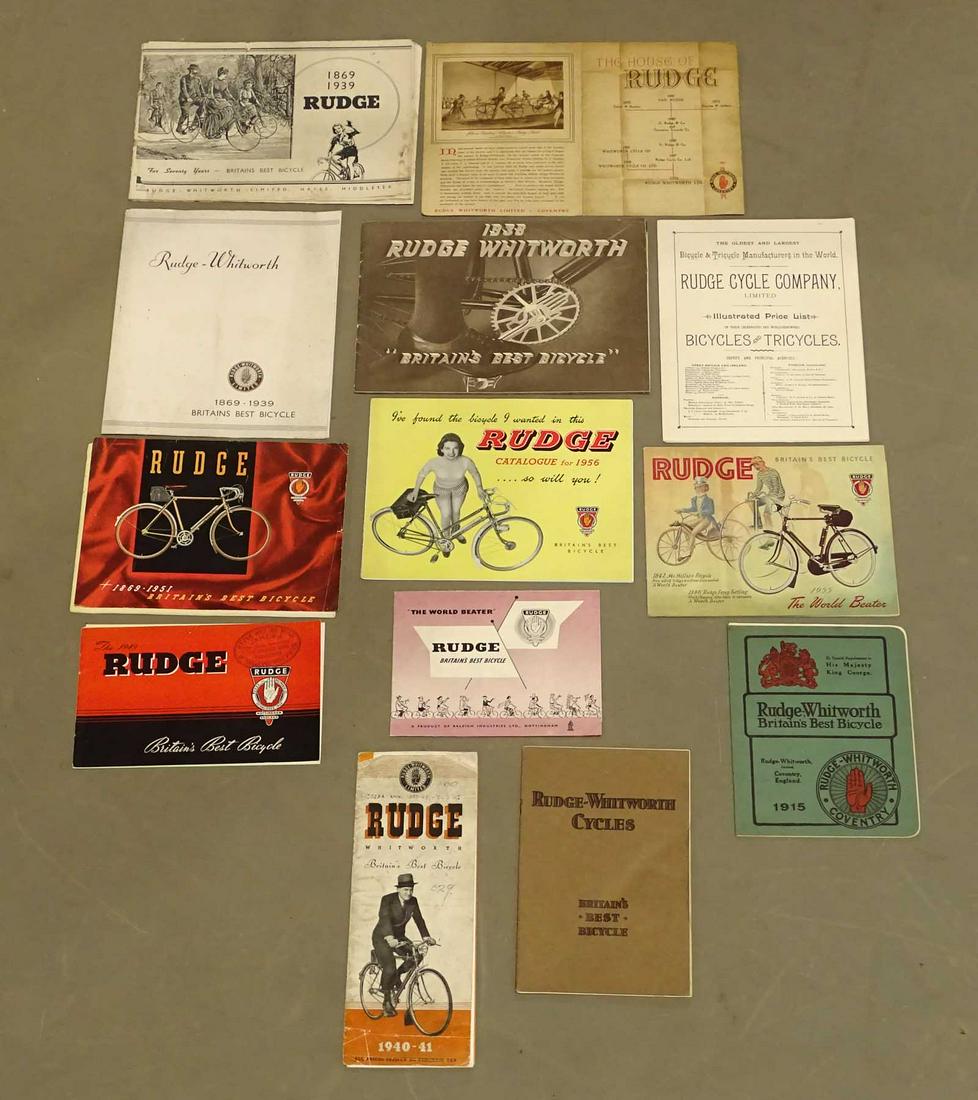 Rudge Lot: Collection of Rudge ephemera including catalogs and more (12 pieces). C. 1915-50's. Fair-Good condition.