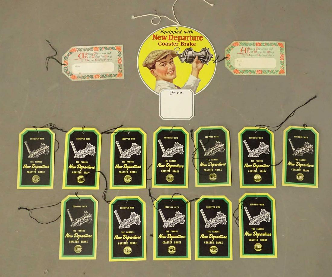 New Departure Hang Tags: Group of vintage NOS New Departure hang tags.