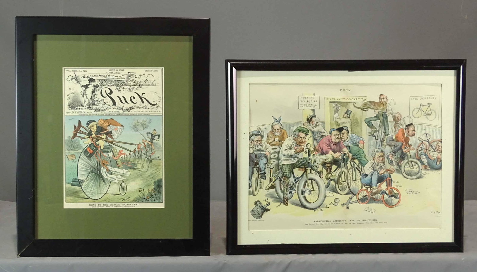 Puck Covers: Framed 1883 Puck Cover. Overall 20 3/4" x 16 3/4", along with Puck "PRESIDENTIAL ASPIRANTS TAKE TO THE WHEEL" (overall 17 1/2" x 21"). Good condition.