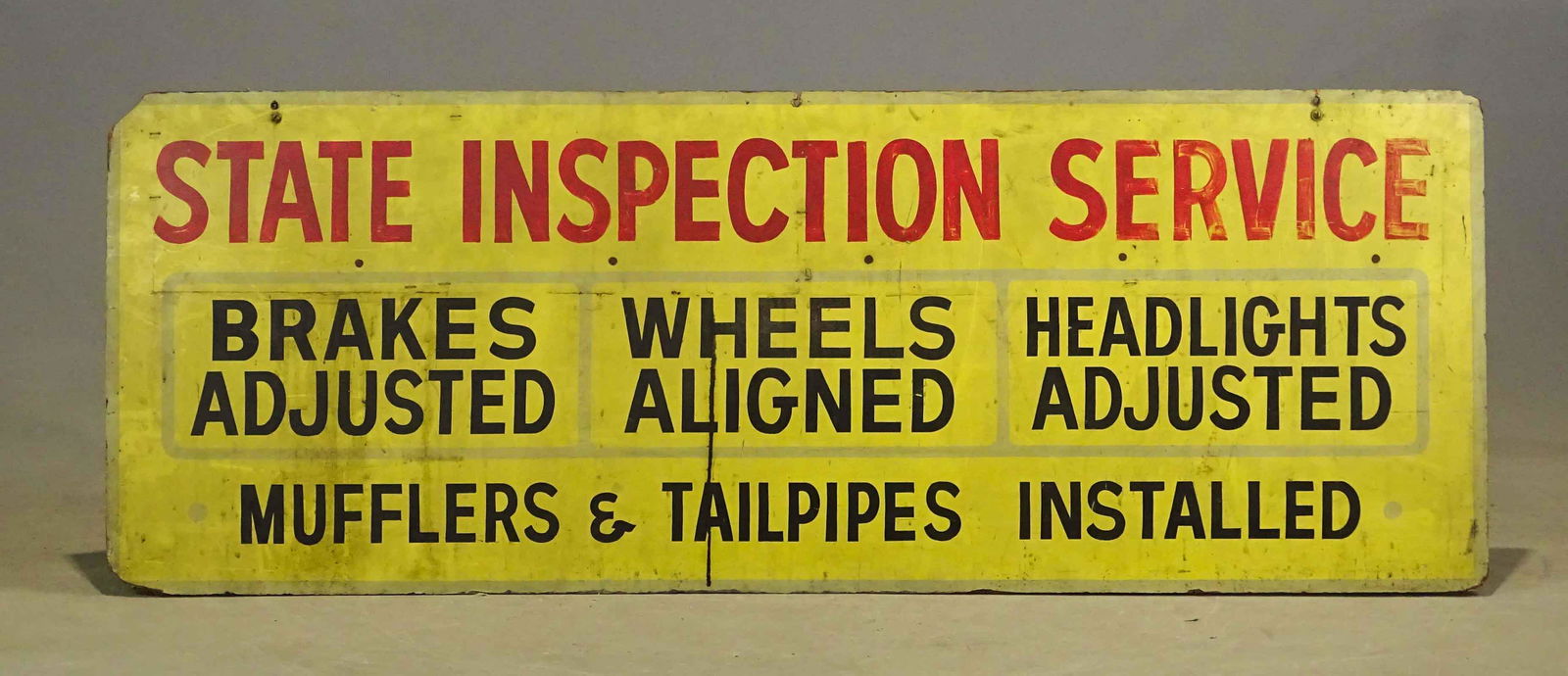 Service Station Sign: Vintage masonite service station sign. 24" x 65 1/2". Fair condition.