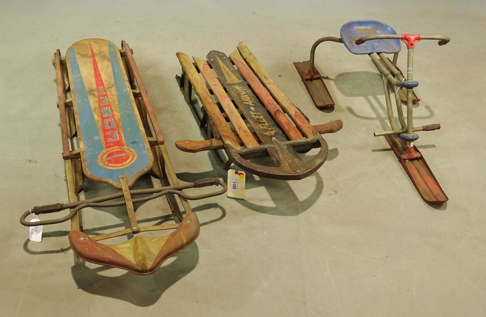 Fleet Arrow Runner Sled: Lot Two Art Deco runner sleds and snow glider. Good condition.