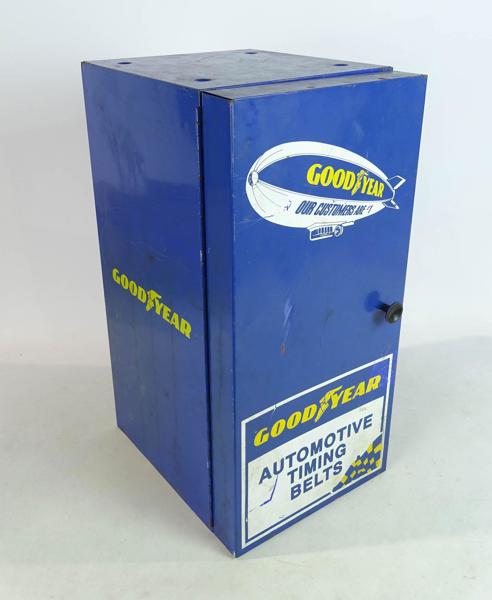 1950's Goodyear Cabinet: 1950's Goodyear Timing Belt steel cabinet. 10" W., 12" D., 20 1/2" Ht..