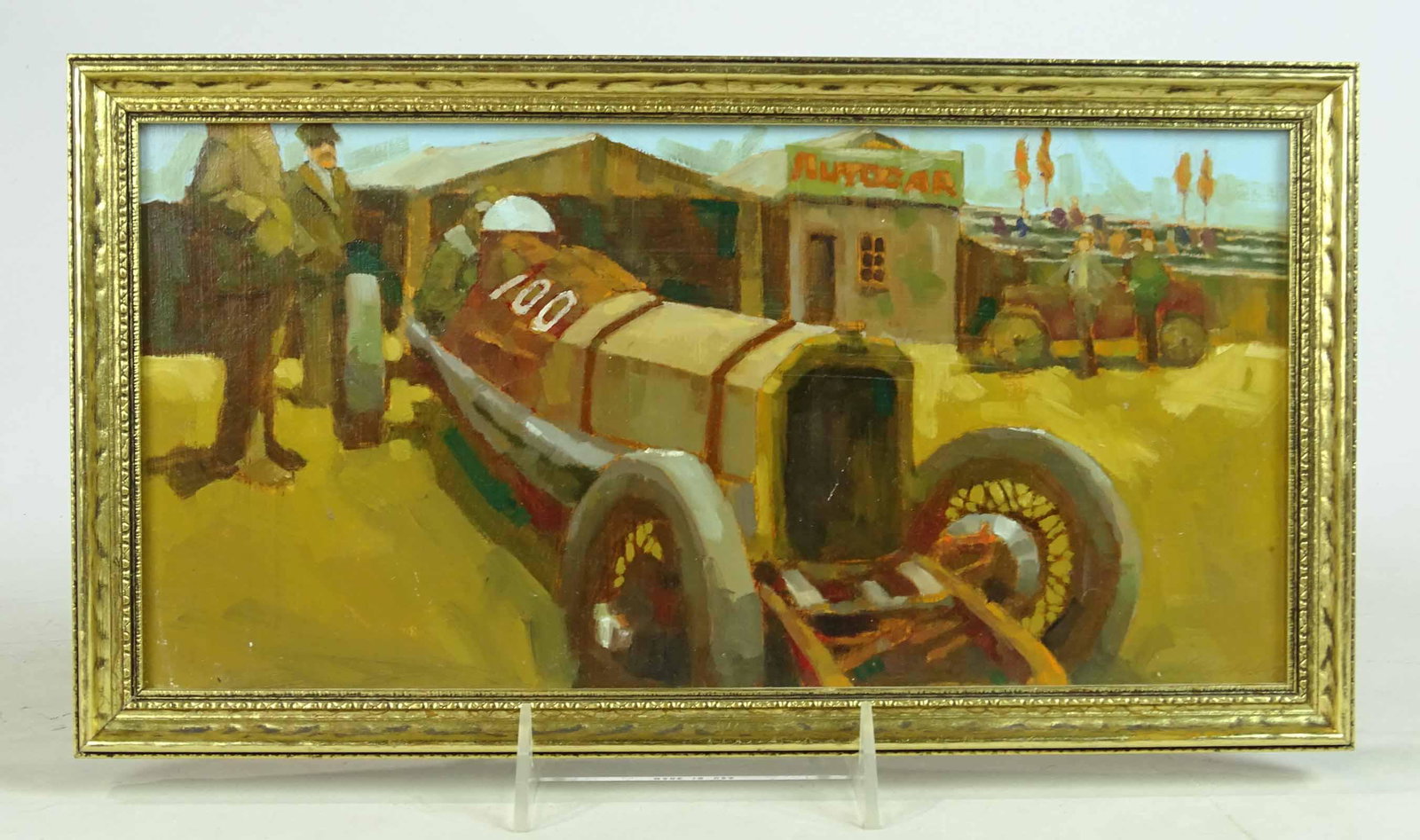 Wes Lifferth Painting: Painting: Autocar Garage by Wes Lifferth. Features a 1920's era two-man racing car being viewed by two gentleman in front of a group of garages of the period. Lifferth is an accomplished artist whose