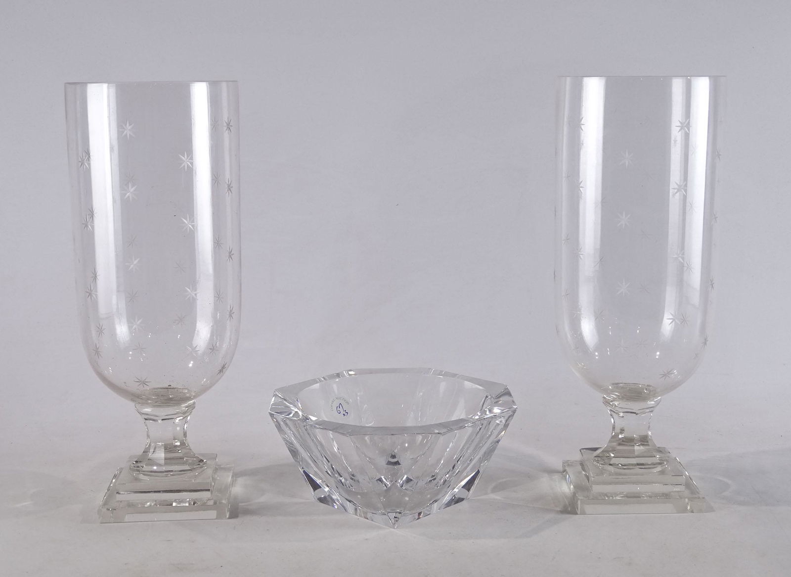 Misc. Lot: Lot including pair of French clear vases (15" Ht.), Orrefor ashtray (8" x 8" x 4", marked "JDR").