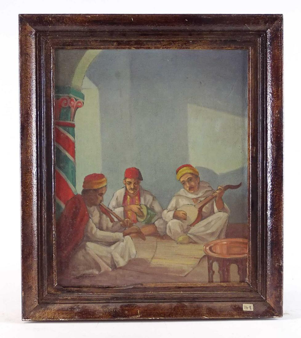 Middle Eastern Musicians Painting: Antique painting of 3 seated musicians. Oil on canvas, signed lower left F. Perret-Gentil. 19" x 15", overall 22 1/2" x 19 1/2".