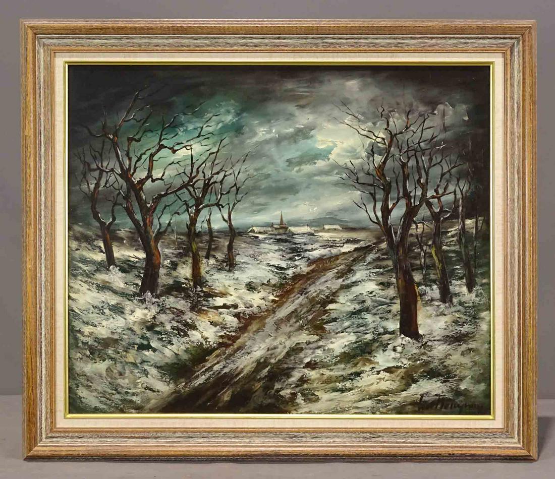 Landscape Snow Scene: Landscape oil painting with a path through snow and trees in the foreground. Signed indistinctly lower right. Sight 21" x 25", overall 26" x 30".