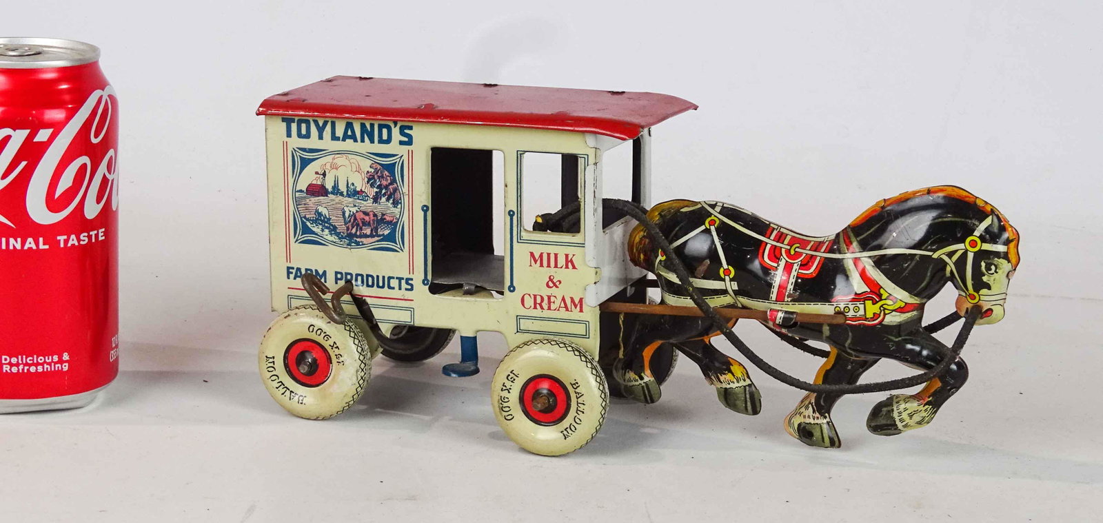 Marx Tin Litho Horse and Wagon Toy: Marx Tin Litho "TOYLANDS" tin litho toy. 10" L..