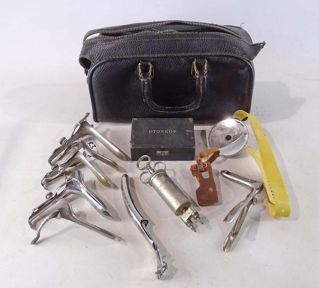 Doctor's Medical Bag with Instruments: Variety of vintage scientific medical instruments in doctor's home visit bag. Property of a New York City Estate.