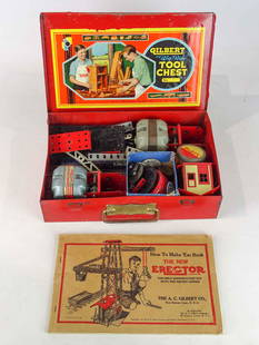 Gilbert Erector Set Booklet: Instruction Booklet: The New Erector. The A.C. Gilbert Co. With metal erector set parts. Now contained in associated Gilbert Big Boy Tool Chest. Electrical components not tested -- sold as is.12" x 8