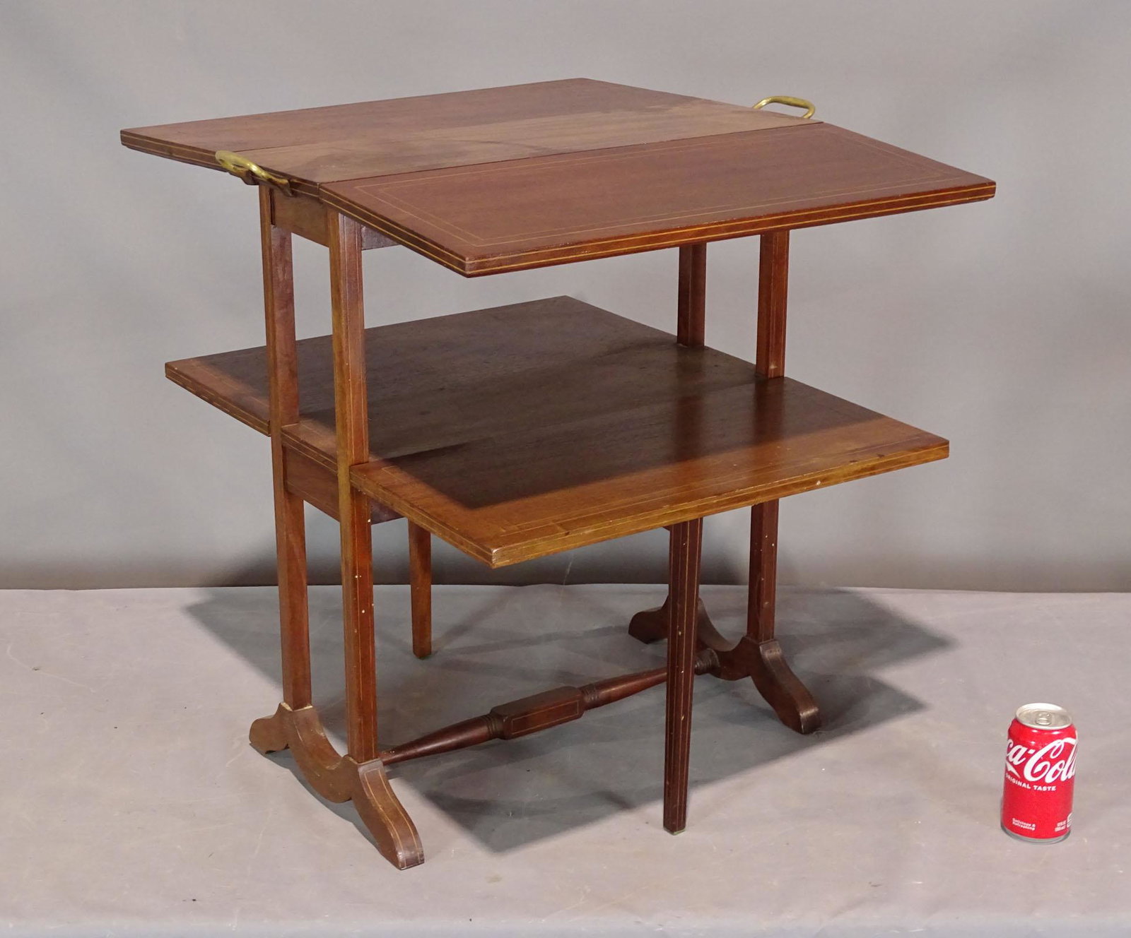 Double Dropleaf Table: Double dropleaf inlaid mahogany dropleaf table. 25 1/2" x 8 1/2" x 25" Ht., (4) 9 1/2" leaves.