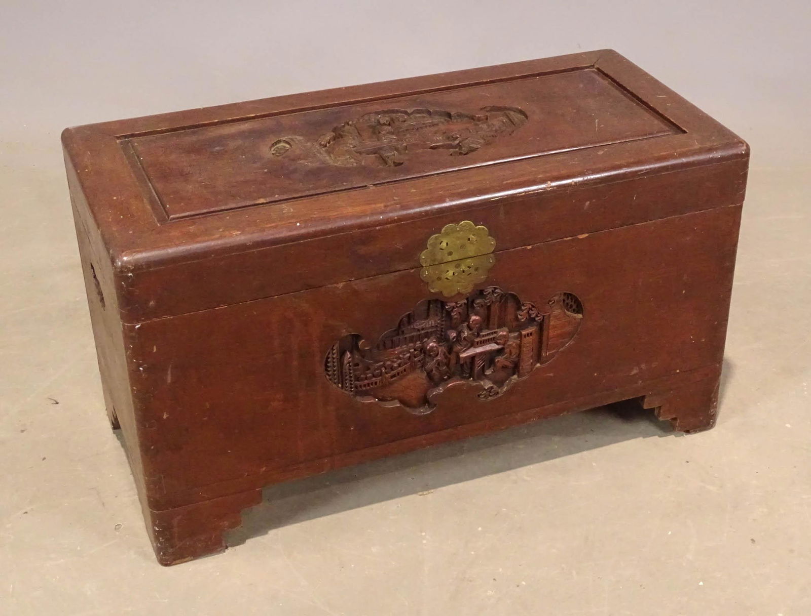 Asian Style Cedar Chest: Vintage Asian style carved wooden Cedar chest. Labeled inside "GEORGE ZEE & CO.". 29" x 13 1/2" x 15 1/2".