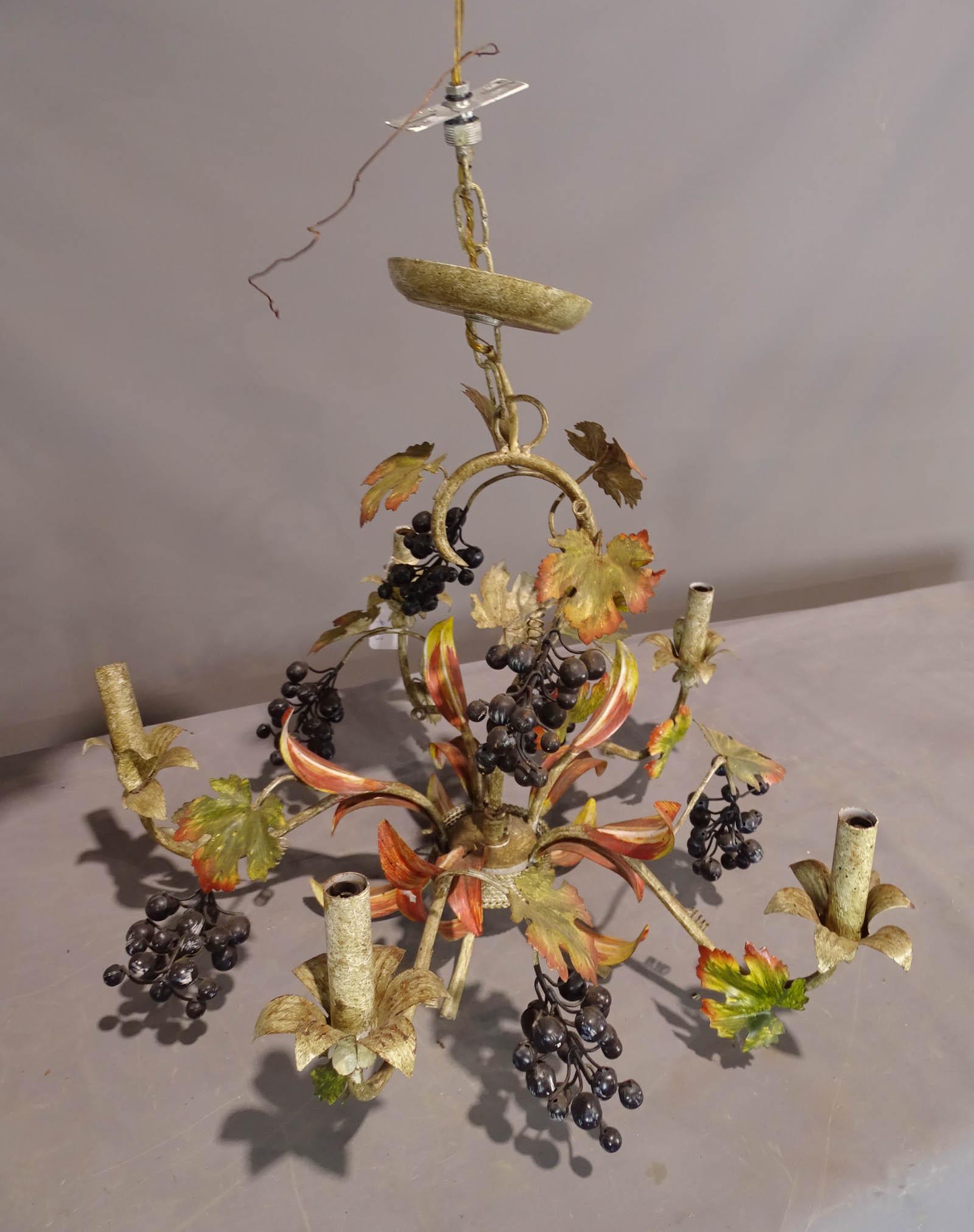 Vintage Chandelier: Vintage grape motif wrought metal chandelier. 24" D. 20" Ht..