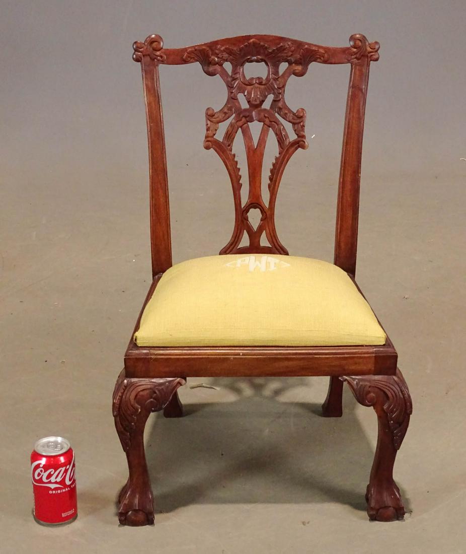 Child's Chippendale Style Chair: Child's carved mahogany Chippendale style chair. 13 1/2" seat Ht., 26" overall Ht..