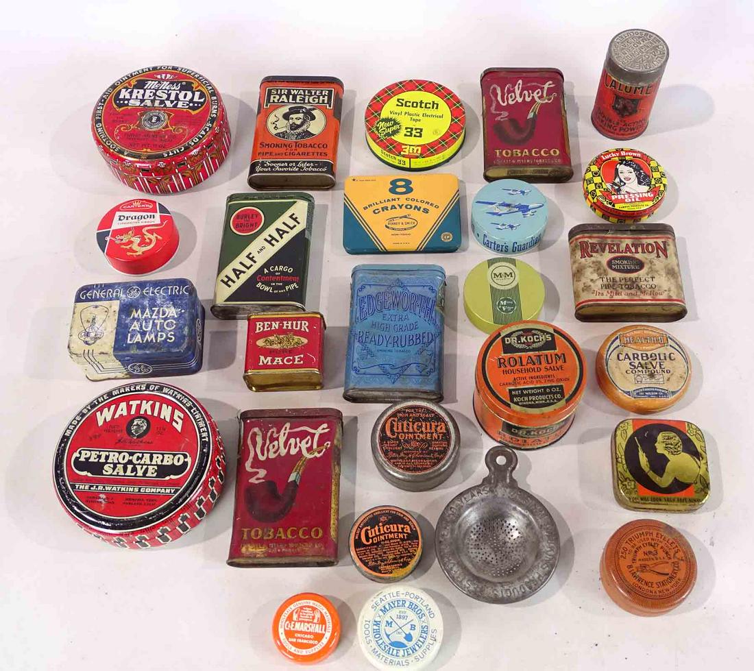 Advertising Tins: Lot (27) various advertising tins including tobacco, "BEN-HUR MACE", salves etc..