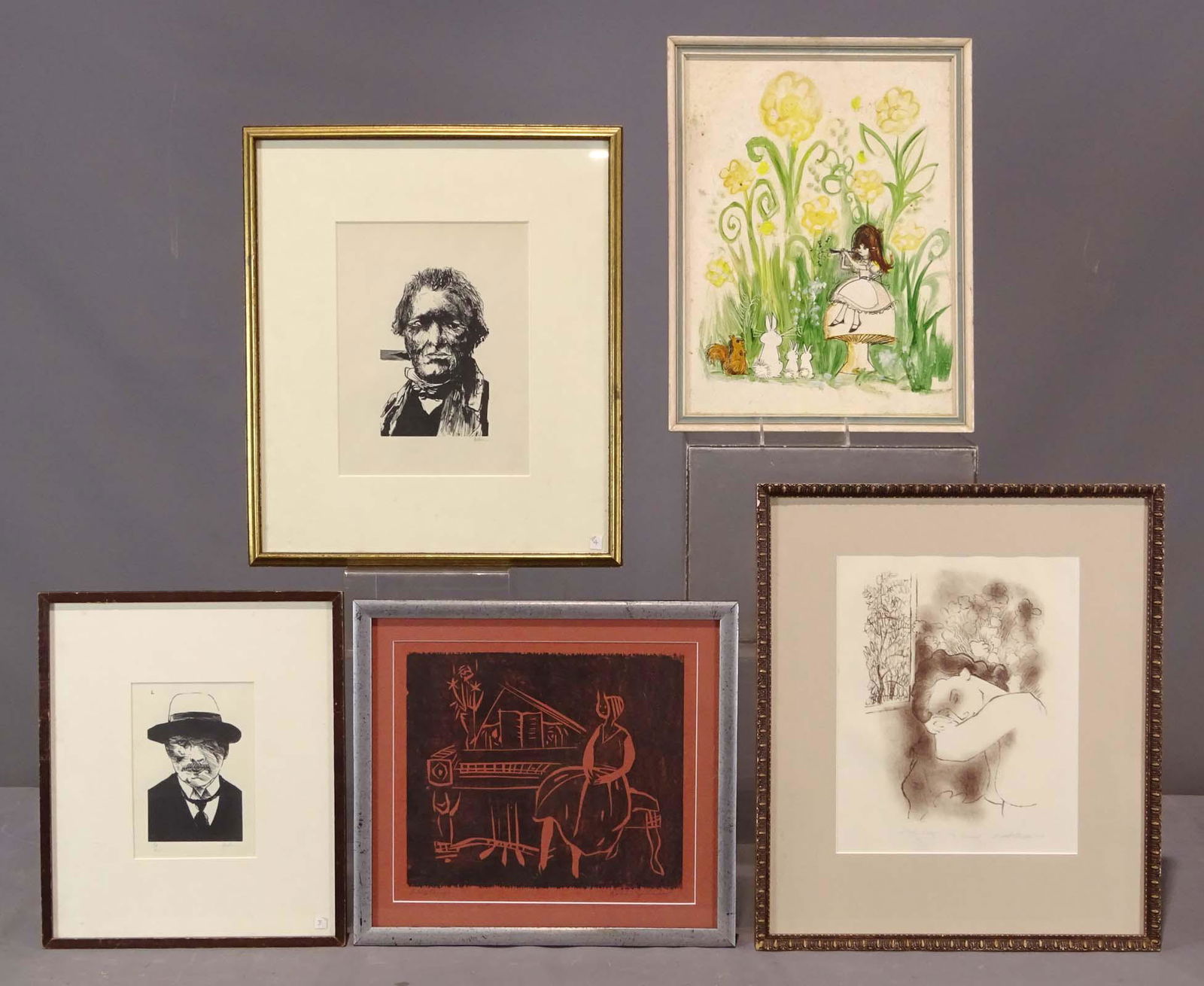 Artwork Lot: Lot including (2) Leanord Baskin woodcuts (8" x 10", 5" x 7 1/2"), August Mosca signed lithograph (10" x 13"), original painting of little girl with animals (oil on panel, 16" x 12"), pencil signed ar