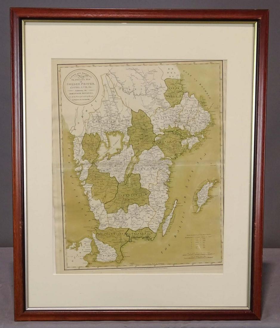 Map of Sweden: Map "LAURIE AND WHITTLE'S / TRAVELLING MAP / of / PROPER SWEDEN"â€¦., slightly uneven in frame. Sight 25 1/2" x 20", overall 36" x 29".