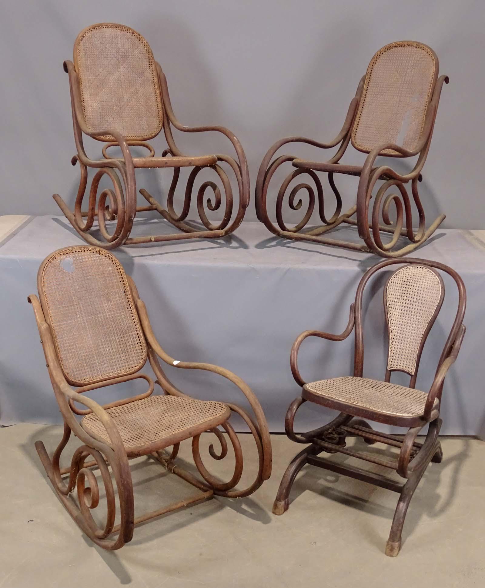 Bentwood Rocking Chairs: Four bentwood rocking chairs. Seats as found.