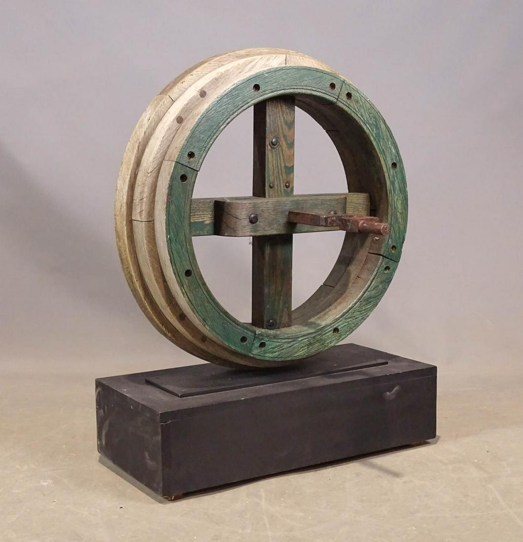Industrial Factory Wheel: Early factory Industrial wheel. Mounted on custom base. 26" x 12" x 34".
