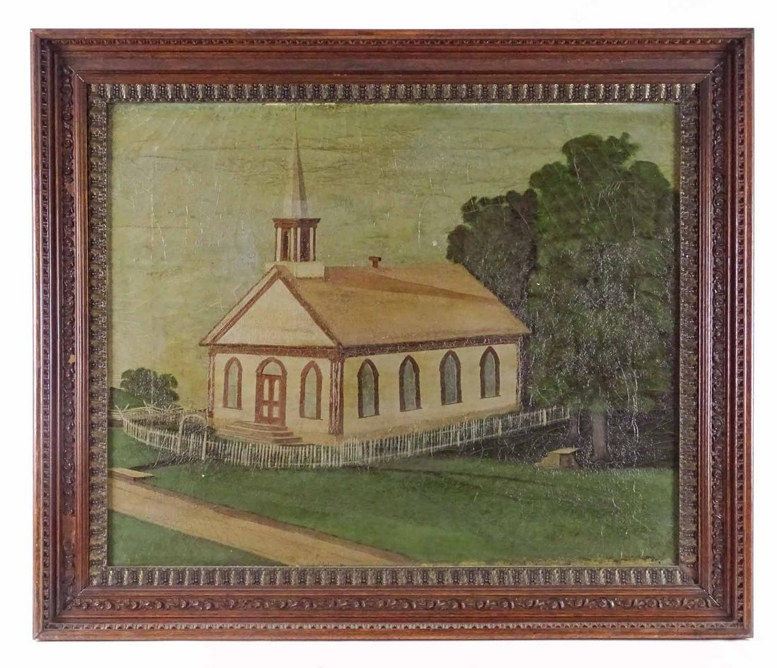 American School, Church Building: American School: 19th c. Chapel with picket fence, oil on canvas. 27" x 33", overall 34 1/2" x 41". Provenance: Hiden Galleries to current consignor.