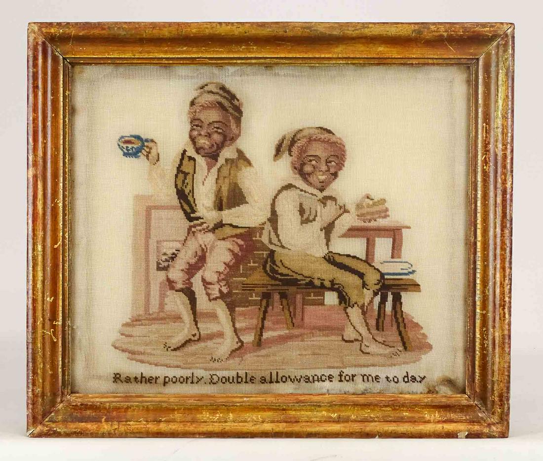 Needlework: Early needlework "Rather poorly Double allowance for me today". Sight 15" x 18", overall 19" x 22". Property of The Barbara Packer, Estate, Germantown N.Y. and N.Y.C..