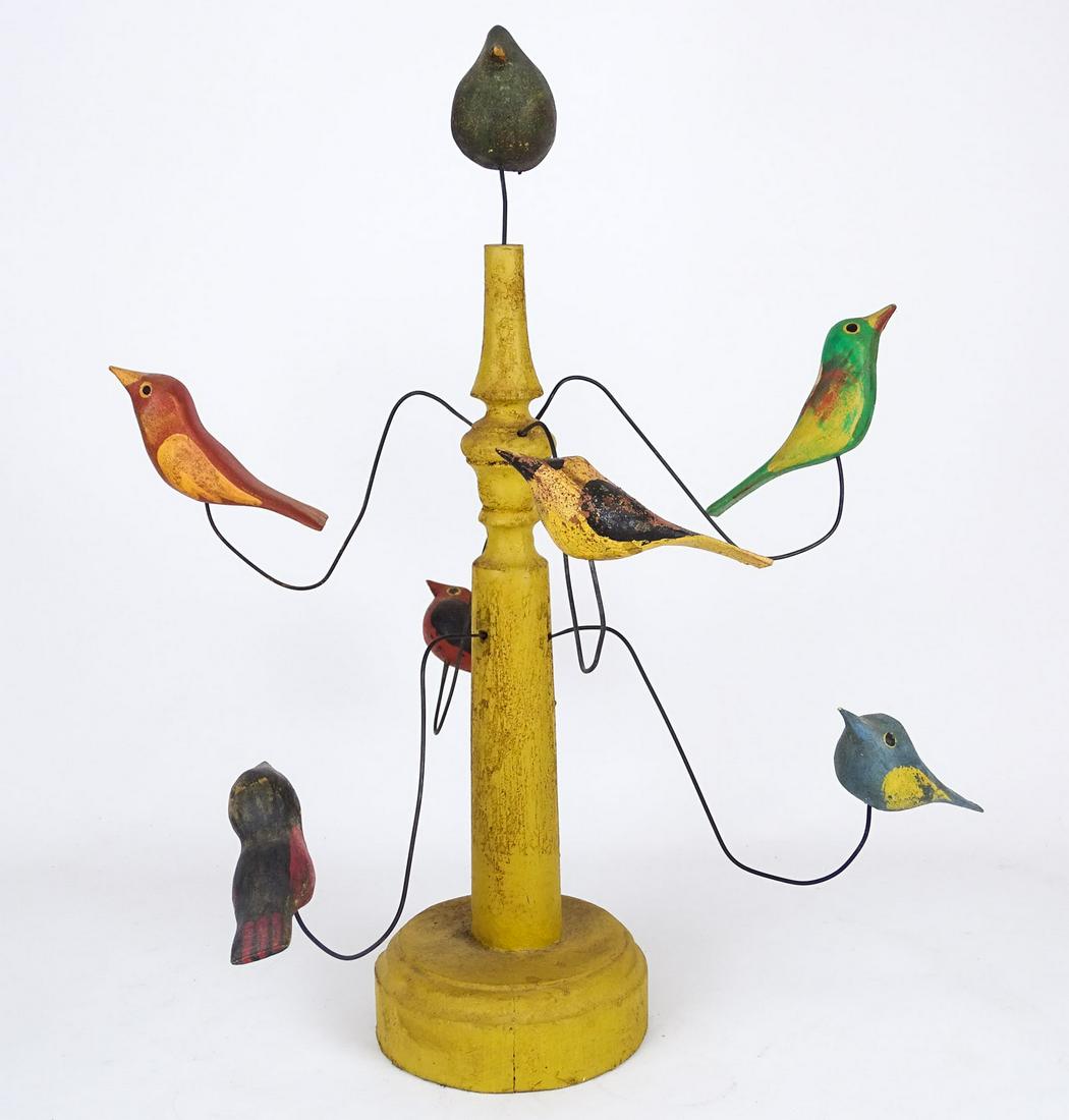 Bird Tree: Folk art wood and wire bird tree. 20" Ht.. Property of The Barbara Packer, Estate, Germantown N.Y. and N.Y.C..