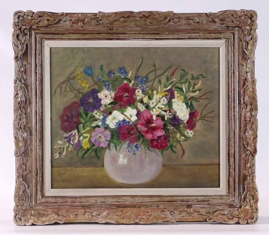 Painting American School Still Life: Painting: American School, still life, signed LRC "OLGA-Mary". Oil on canvas. 18" x 22", overall 27 1/2" x 30".