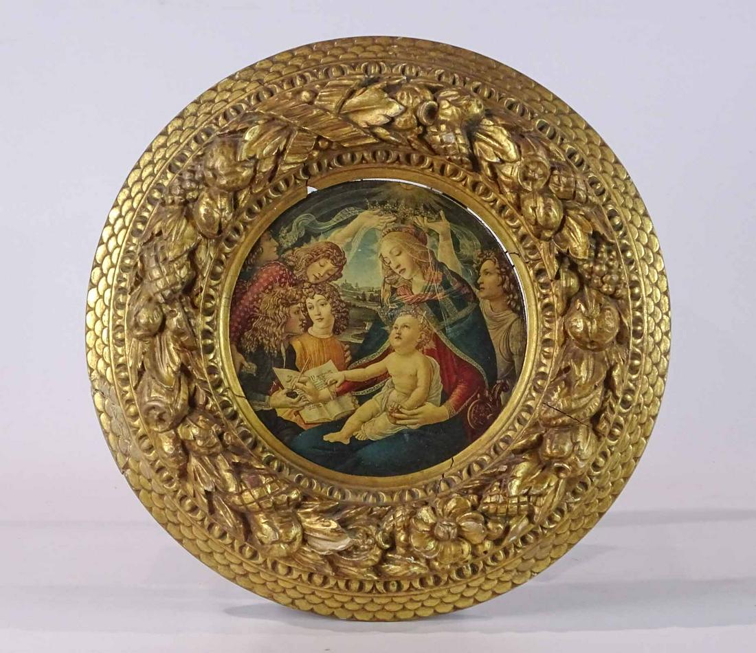 Continental Frame: Carved and gilded wooden Continental frame. Rabbet size 9" D., 16 1/2" overall.