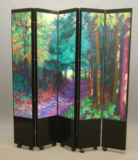 Folding Screen: Folding screen with forest scene. By contemporary artist Lisa Ross-Miller. Each panel 75" Ht. 13" W.