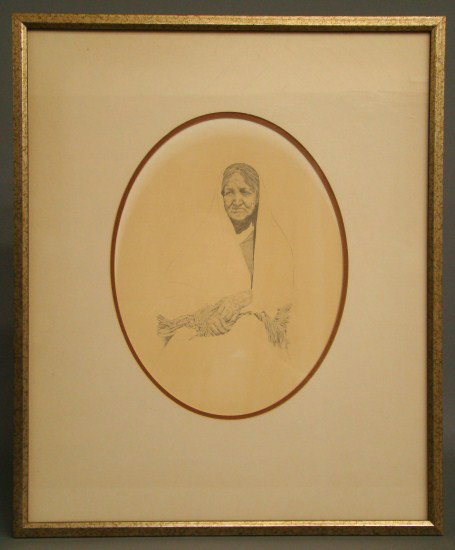 Drawing Signed Mark Thompson: Drawing "Lady With Fringe" Taos New Mexico signed "Mark Thompson". Site 13 1/2" x 10 1/2".