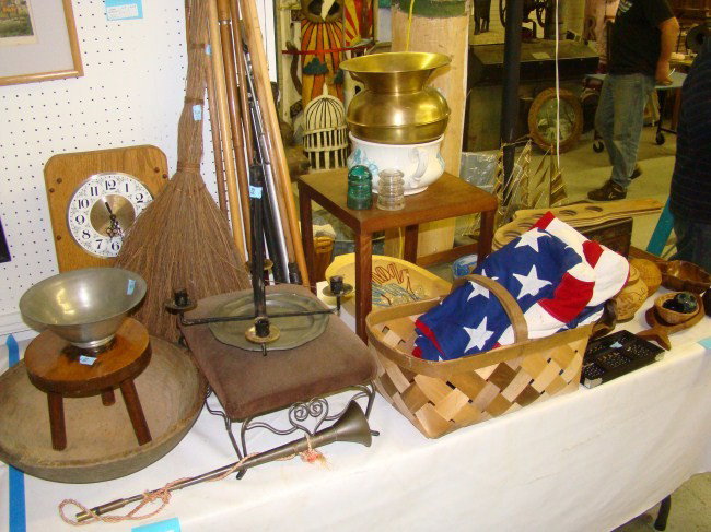 Misc. Lot: Misc. table lot including canes, primitives, spittoon, tray, insulators, sock forms etc.