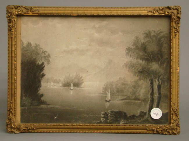 Sandpaper Drawing: 19th c. Hudson River School sandpaper drawing. Site 9 1/2" x 13 1/2".