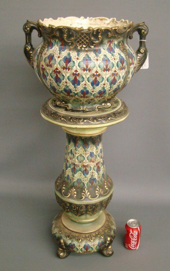 Jardinier And Pedestal: 19th c. jardinier and pedestal signed "Haynes". Planter damaged.