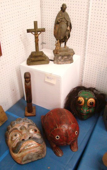 Mask Lot: Lot including 2 ethnic masks, 2 religious carving and tramp art cross etc.
