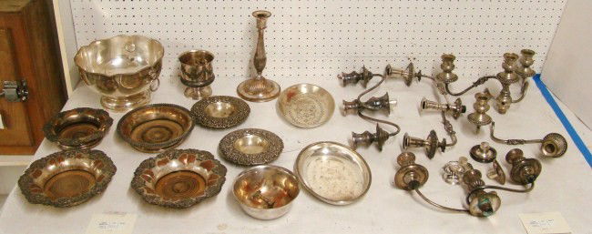 Silverplate Lot: Misc. silverplate lot over 20 pcs. including Tiffany bowl, wine coasters, coin decorated bowl, candleabra parts etc.
