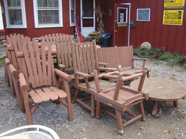 Redwood Outdoor Furniture: Lot redwood outdoor furniture including table, bench, 2 settees, 3 small tables and 6 chairs. Some rot to base of chairs.