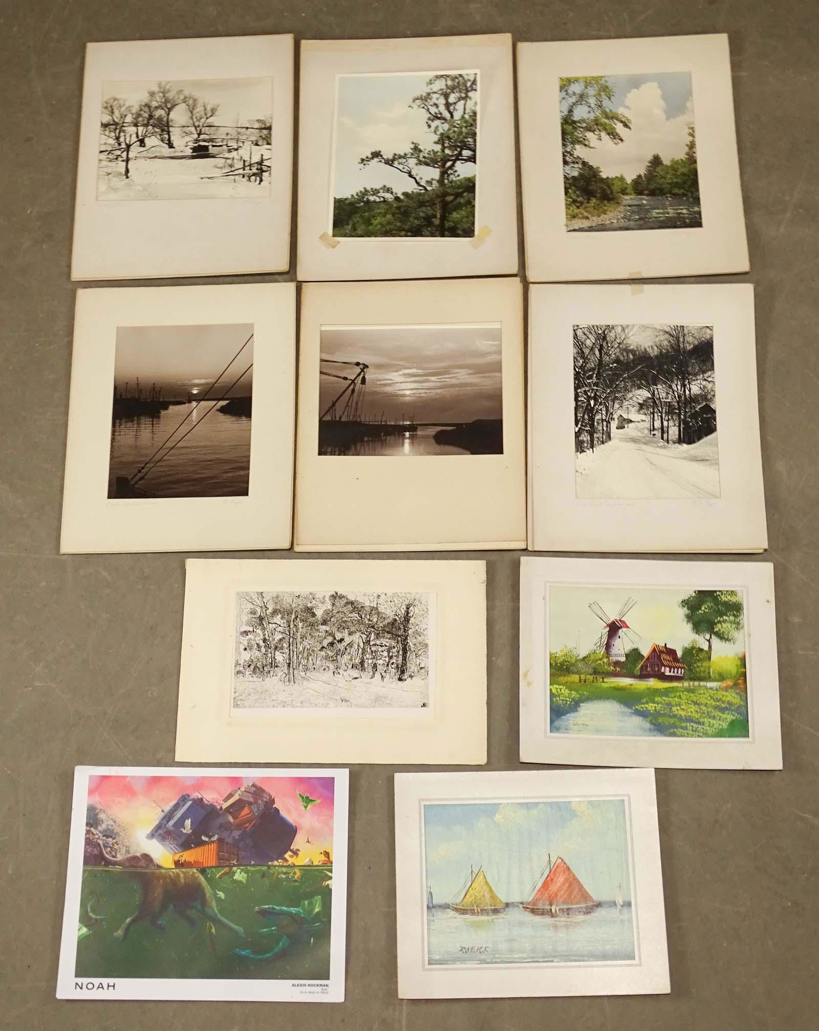Artwork Lot: Lot (12) pieces of loose artwork including Alexis Rockman, painting of sailboats signed Roeks, landscape with windmill (oil on cardboard), photographs by E.C. Paye including one titled "Route 22, Wass