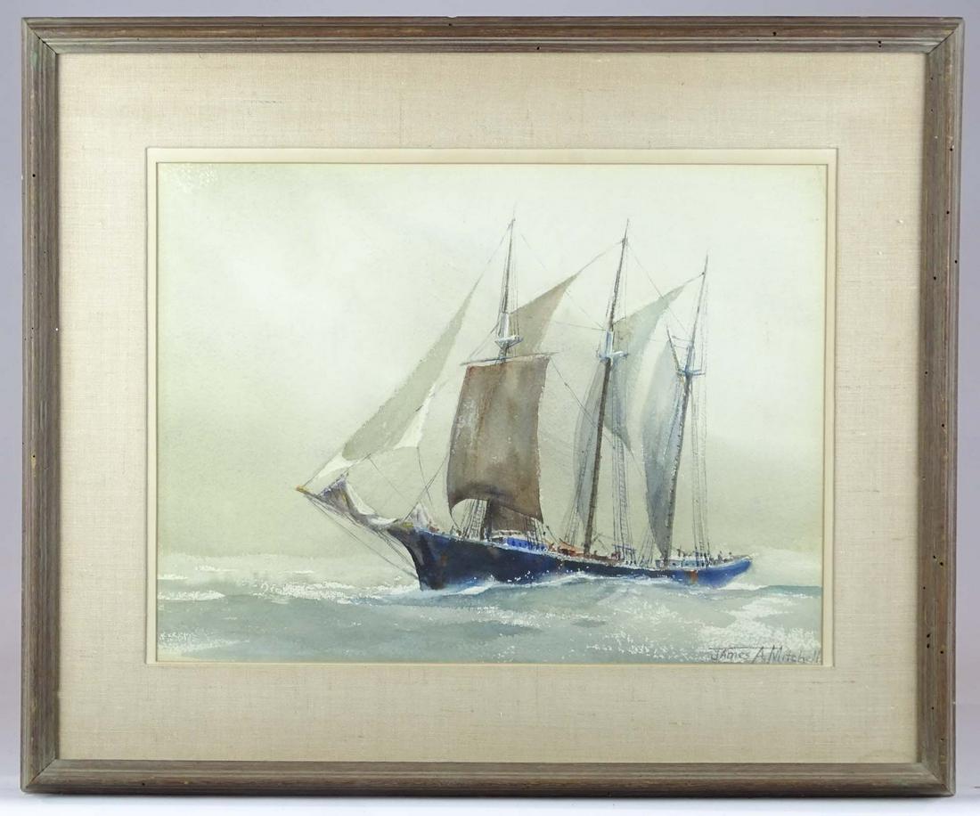 James A. Mitchell (b. 1928): James A. Mitchell (b. 1928), seascape with ship. Watercolor, signed LRC. Sight 14" x 19", overall 22 1/2" x 27".