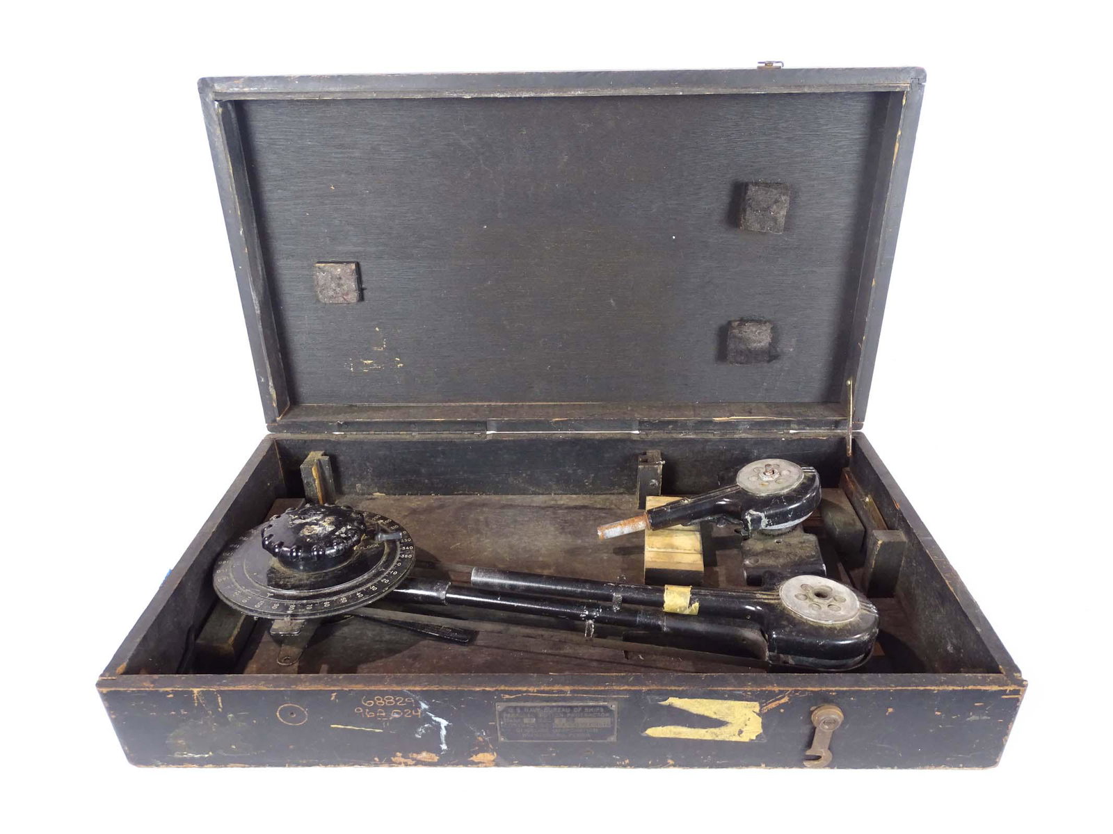 U.S. Navy Protractor: Boxed U.S. Navy Parallel Motion Protractor. Box overall 20" x 13" x 4 1/2".