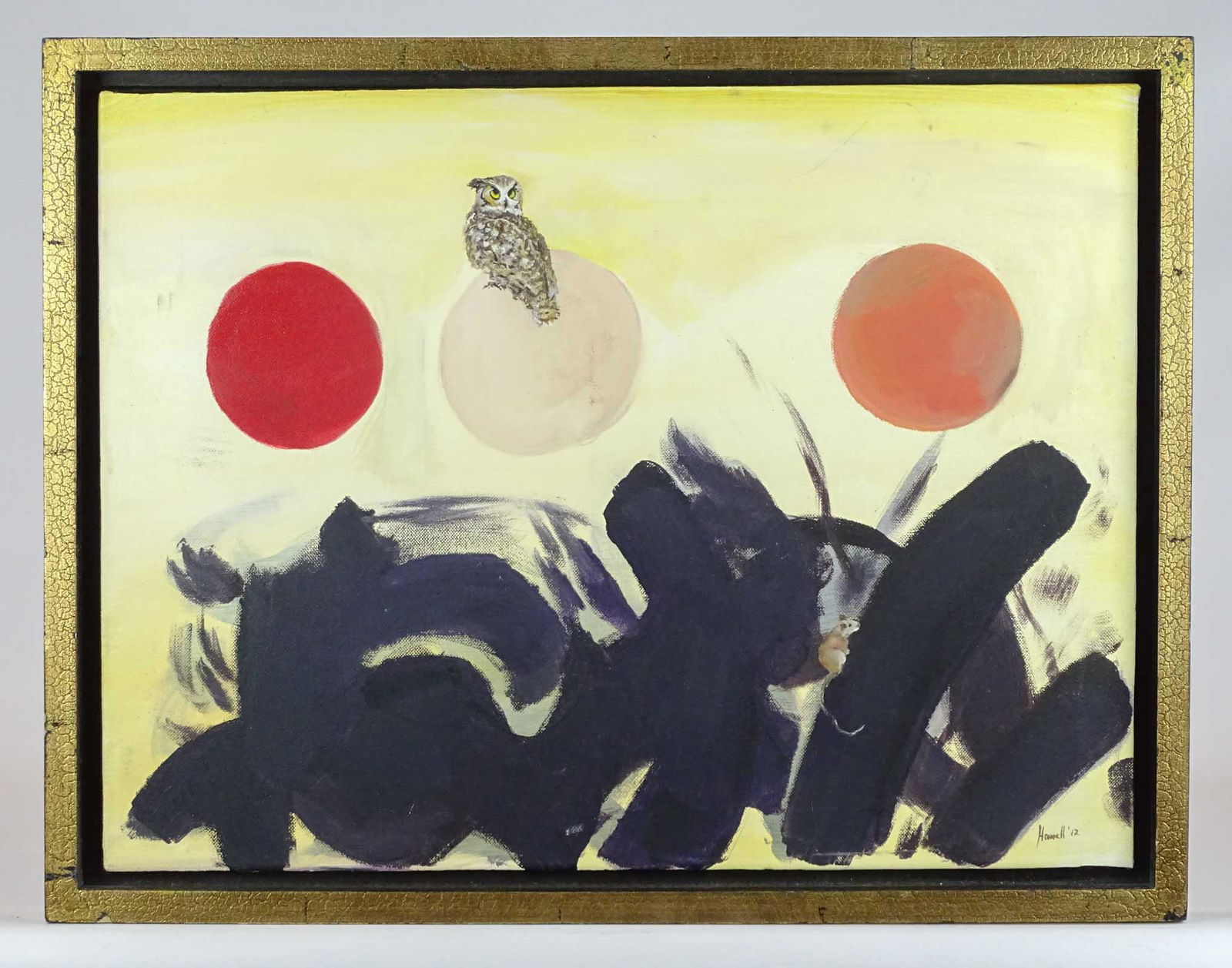 Painting, Modernist Subject: Painting: Modernist subject, oil on canvas, signed verso "enhanced" Adolph Gottlieb from Howell Farm". 17" x 23", overall 20 1/2" x 26".