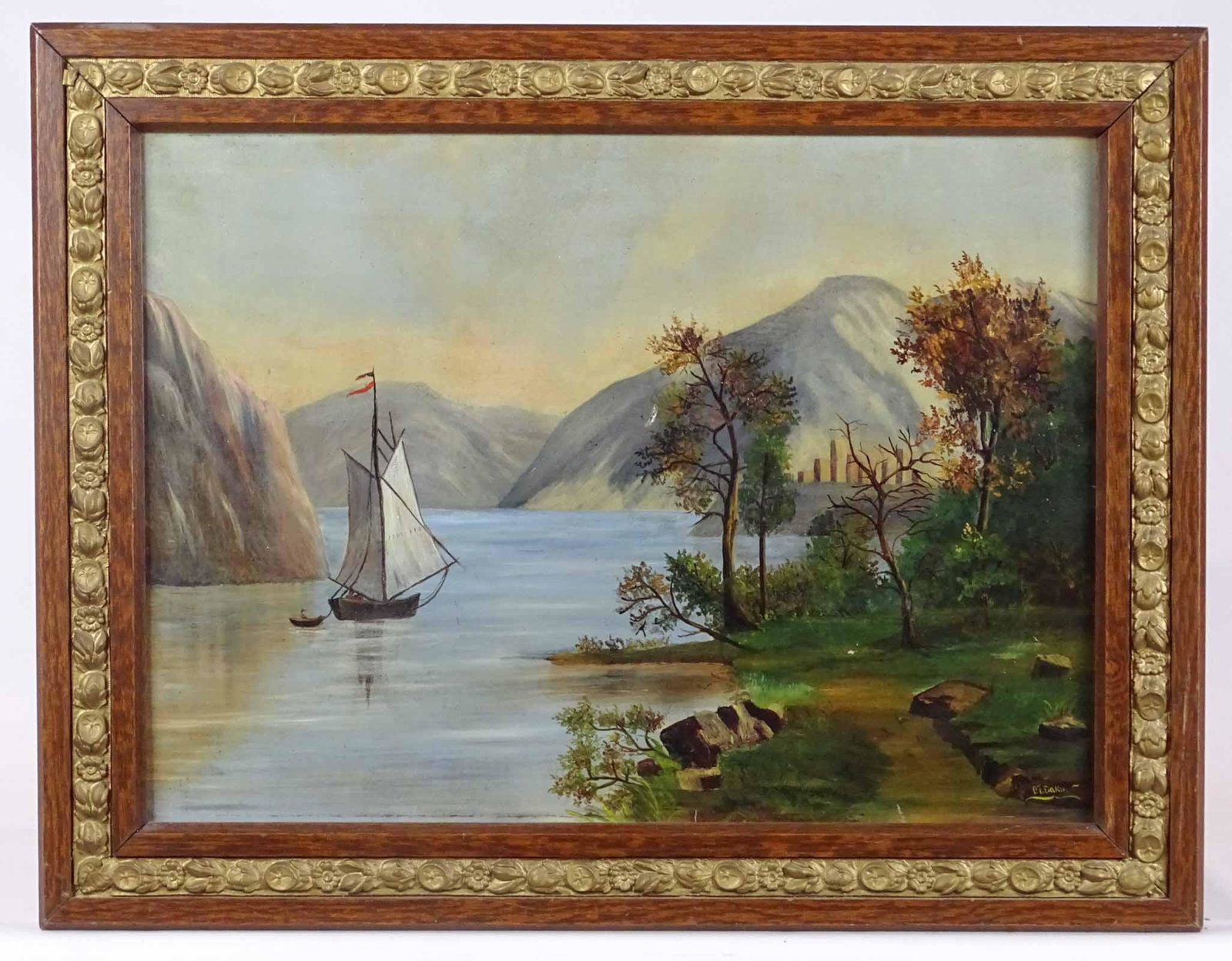 Painting: Hudson River School Landscape: Painting: Hudson River School landscape. Oil on canvas. Signed LRC "CT. Eakin". Small rip to canvas. 16" x 22", overall 20 1/2" x 26 1/2".