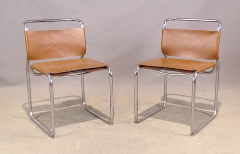Nicos Zographos Chairs: Pair of Mid Century chrome and leather Nico Zographos chairs. 18 1/2" seat Ht., 31" overall Ht.. Partial label underside.