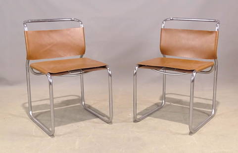 Nicos Zographos Chairs: Pair of Mid Century chrome and leather Nico Zographos chairs. 18 1/2" seat Ht., 31" overall Ht.. Partial label underside.