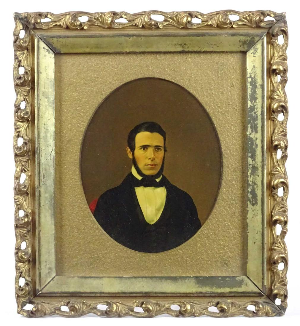 19th c. Portrait of a Gentleman: 19th c. oval framed portrait of a gentleman. Sight 5" x 4", overall 9 1/2" x 8 1/2". Identified in writing verso as James M. Alden (b. 1818, Windham, Green Co. N.Y.).