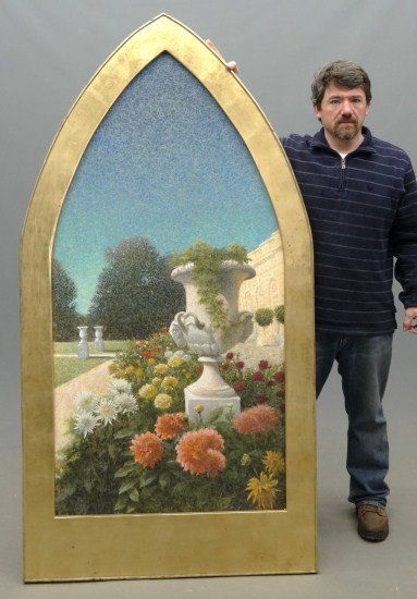 Decorative Painting: Decorative arched top painting in gilt frame. 38 1/2" x 72" overall.