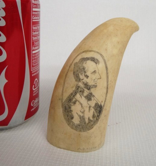 Whales Tooth: Whales tooth with Lincoln decoration "To Dr. Lester H. Clee A Lincoln Man". 4 1/2" Ht.