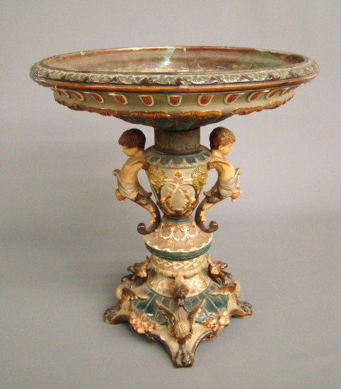 19th c. Majolica Compote: 19th c. Majolica compote signed "WS & S" (Wilhelm Schiller & Sons). 16" Ht.