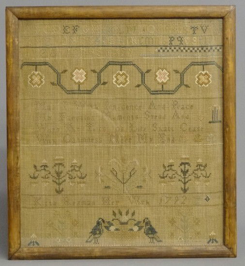 Sampler: 18th c. sampler "Kitty Reamon Her Work 1792". lso has verse, birds, flowers etc. Site 17 1/2" x 16".