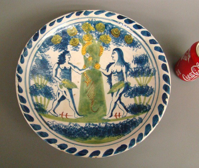 Delft Bowl: Delft bowl with Adam & Eve. 13" Diameter.